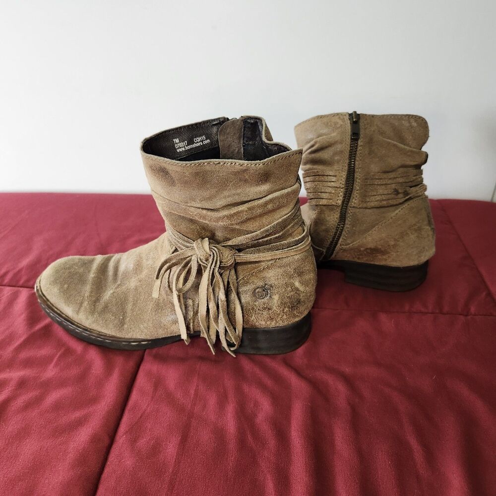 Born Kenya Cross Boots Women's 7M Taupe Brown Distressed Suede Fringe Ankle...